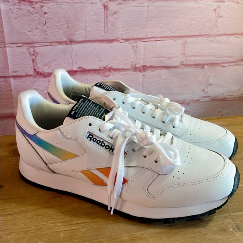 Reebok White Sneakers with Rainbow Side Stripes
